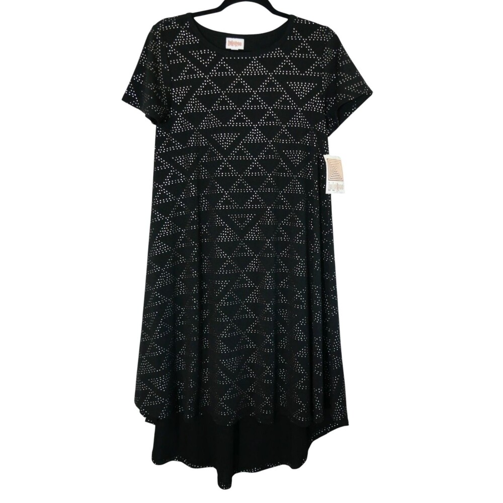 LuLaRoe Carly Womens Black Silver Geometric Pattern A-Line Dress Size XS NWT